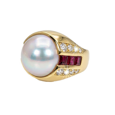 Lagos 18k Yellow Gold Ring with Ruby Diamonds & Mabe Pearl