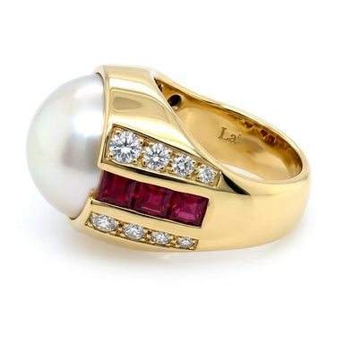 Lagos 18k Yellow Gold Ring with Ruby Diamonds & Mabe Pearl
