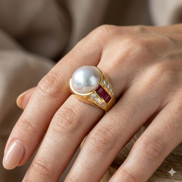 Lagos 18k Yellow Gold Ring with Ruby Diamonds & Mabe Pearl