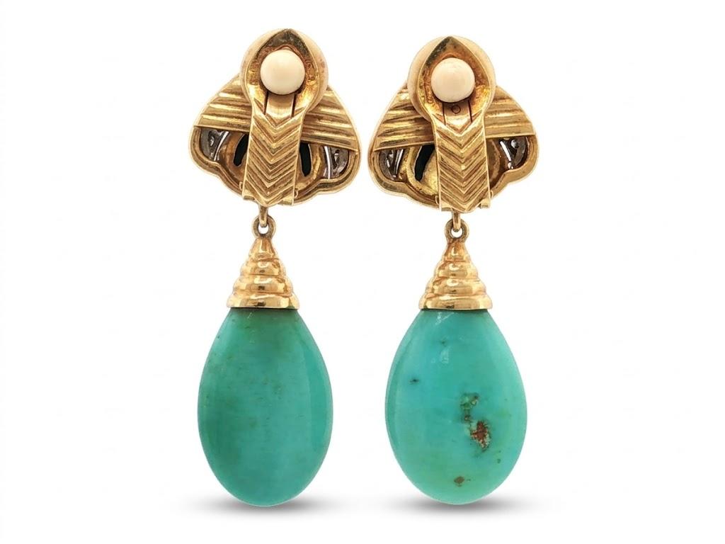 18k Turquoise, Ruby, Onyx & Diamond Earrings