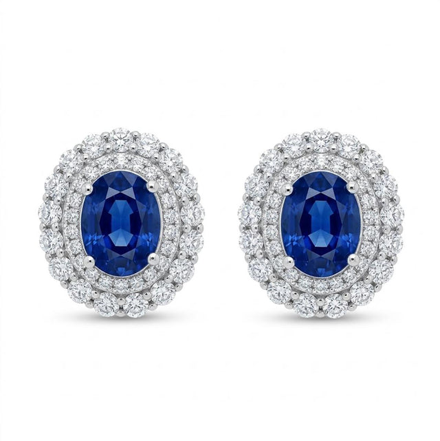Platinum Earrings with Oval Blue Sapphires and White Diamonds