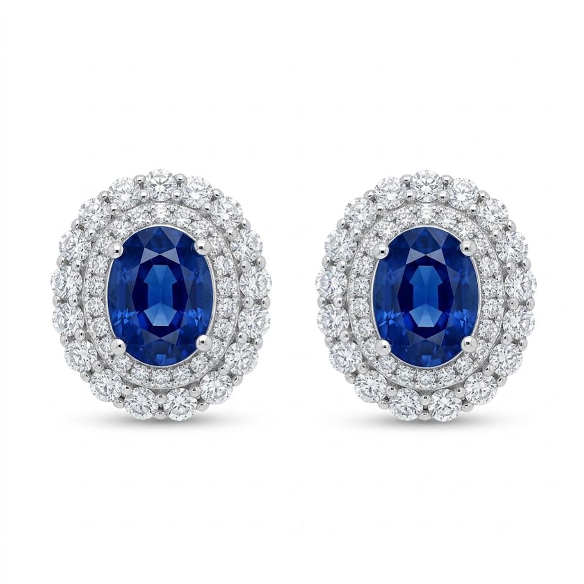 Platinum Earrings with Oval Blue Sapphires and White Diamonds