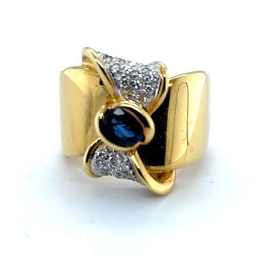 18k Yellow Gold Blue Sapphire and Diamond Ring