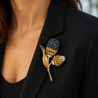 18k Sapphire & Diamond Thistle Brooch