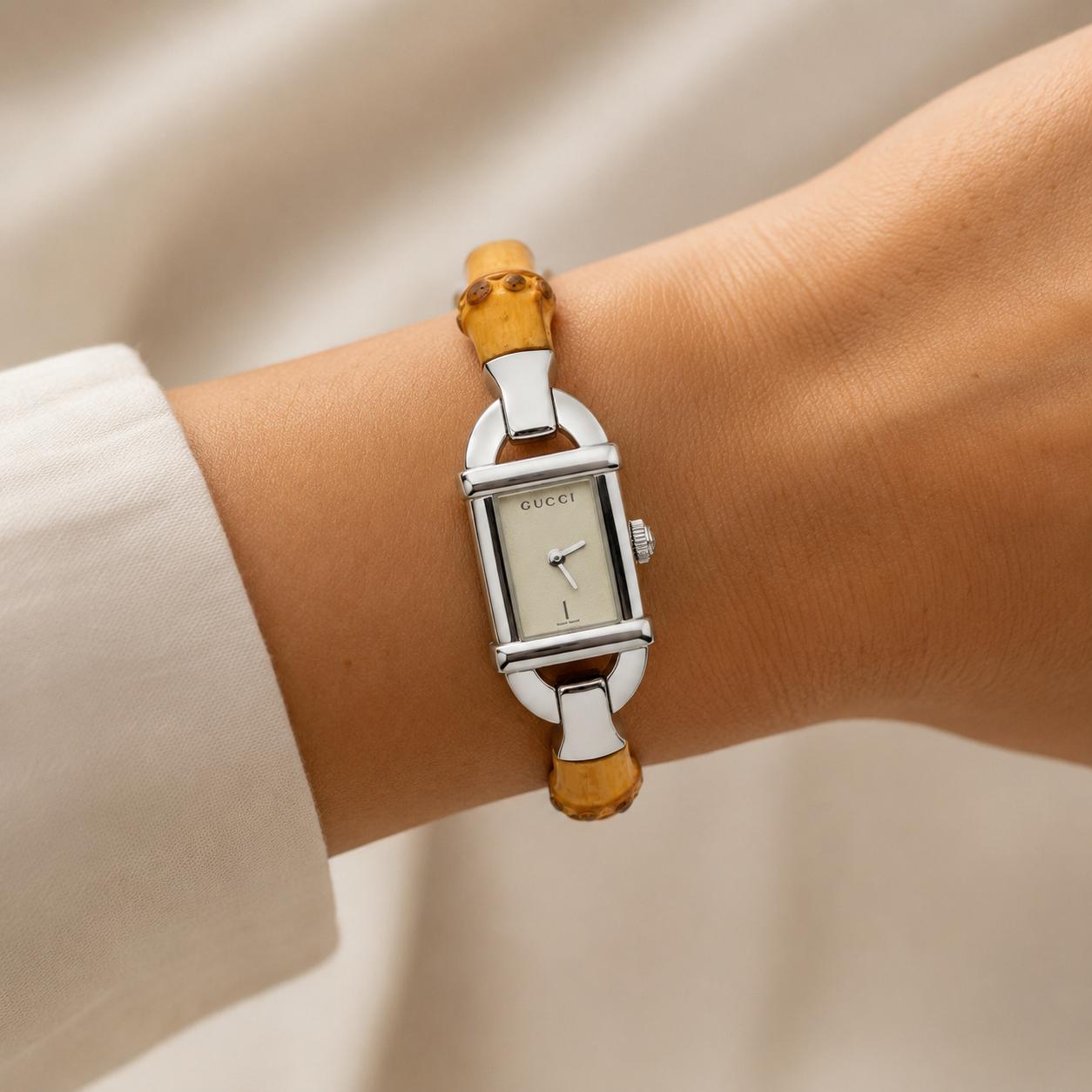 Gucci 6800L Stainless Steel Watch With Bamboo Bracelet
