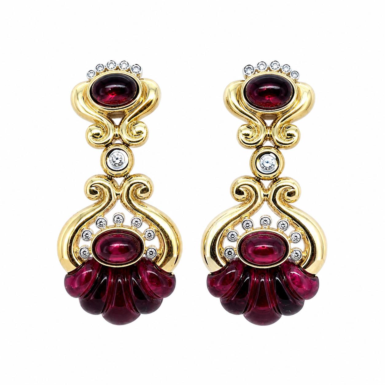 18k Yellow Gold Drop Earrings with Rhodolite Garnets and Diamonds