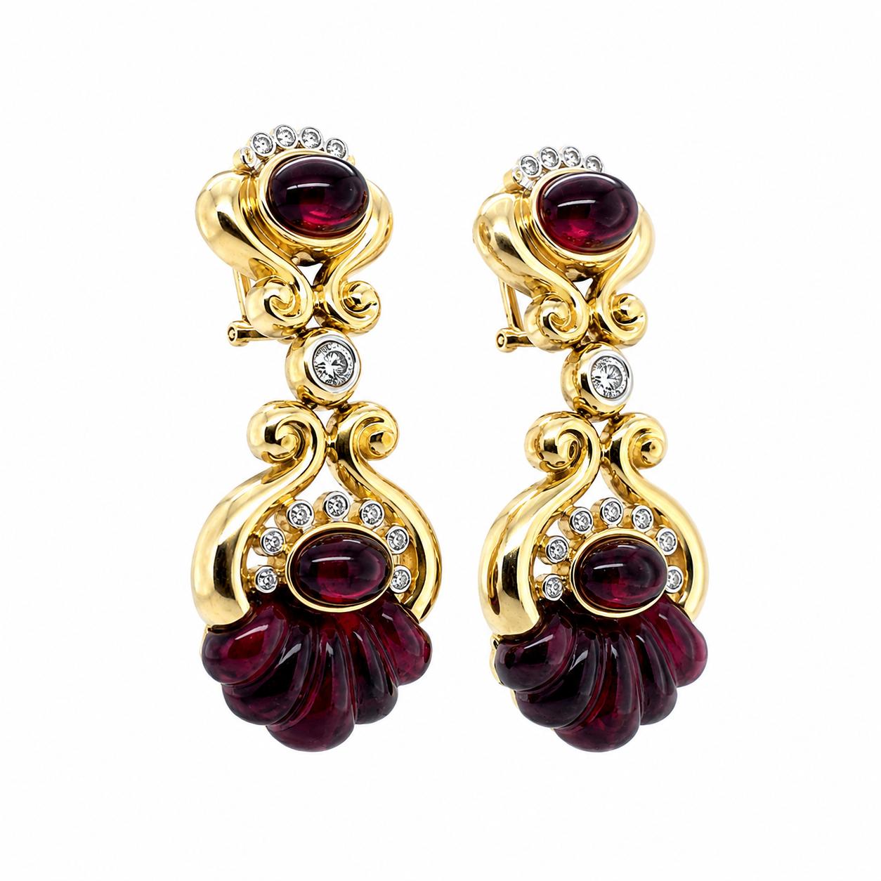 18k Yellow Gold Drop Earrings with Rhodolite Garnets and Diamonds
