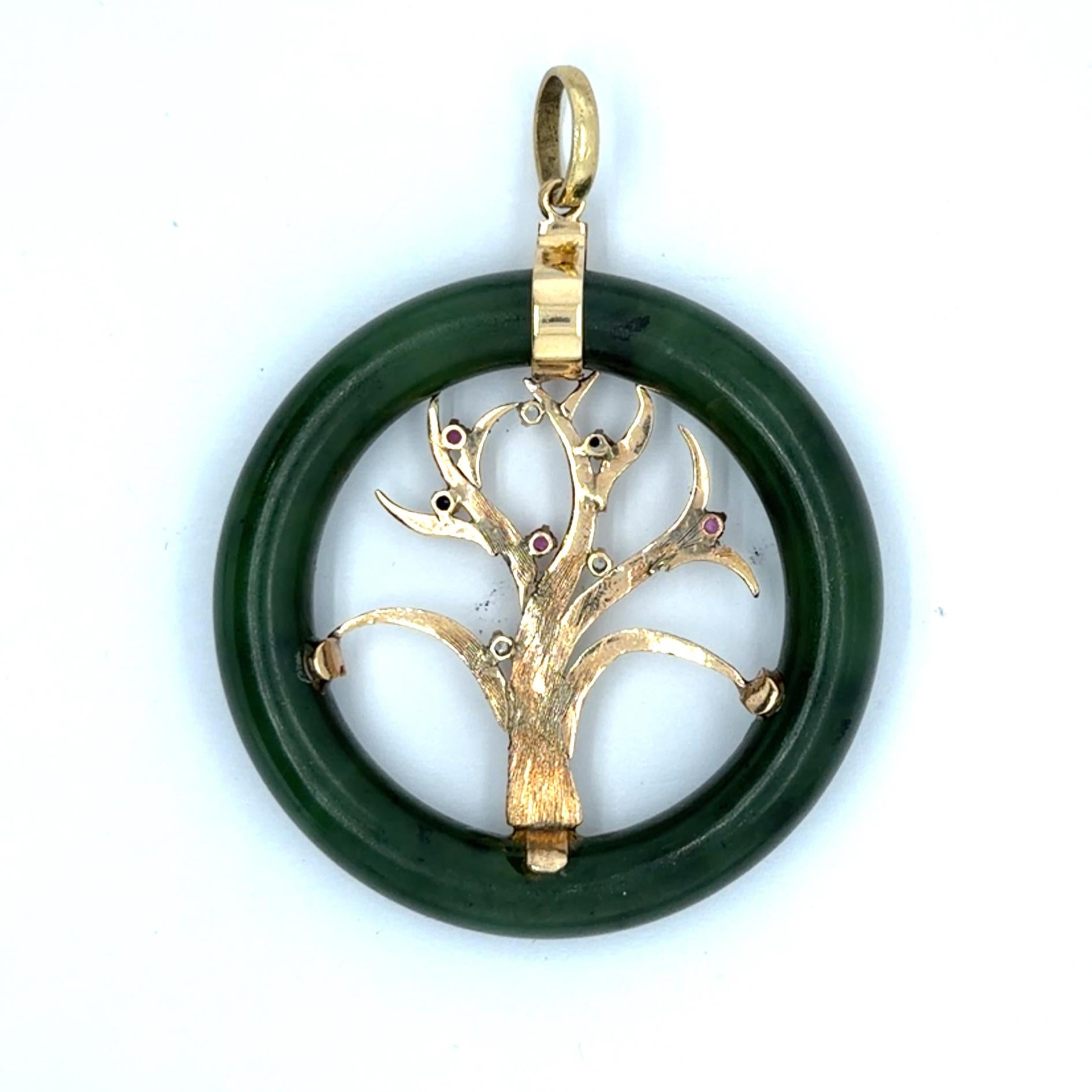 14k Yellow Gold Jade & Multicolor Gemstone Pendant