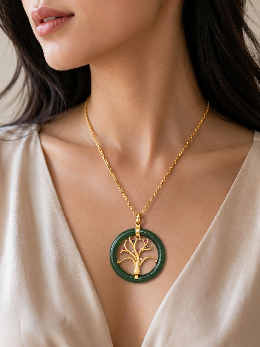 14k Yellow Gold Jade & Multicolor Gemstone Pendant