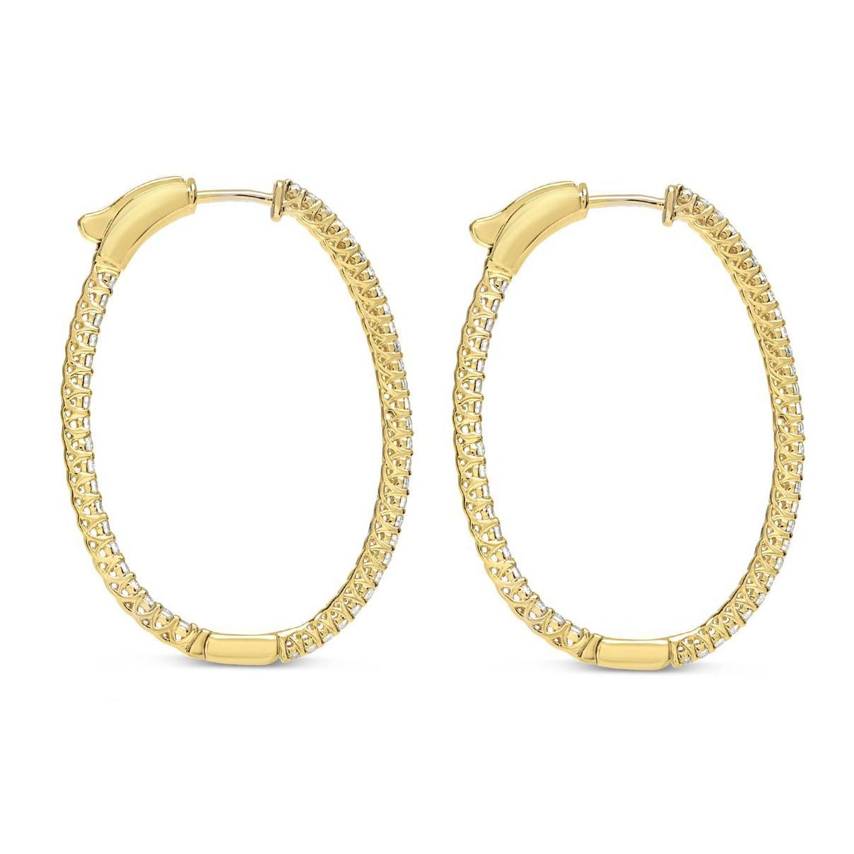 14k Yellow Gold Oval Hoop Diamond Earrings