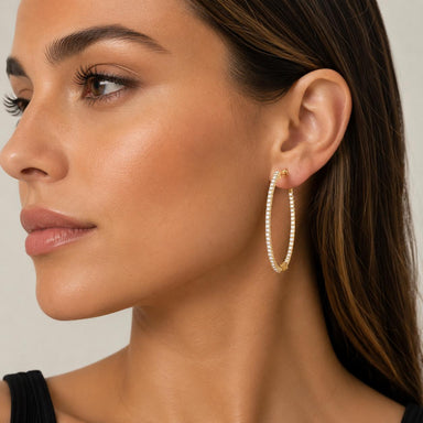 14k Yellow Gold Oval Hoop Diamond Earrings