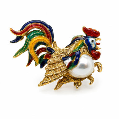Vintage 18k Yellow Gold Brooch with Colorful Enamel Rooster Design