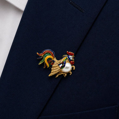 Vintage 18k Yellow Gold Brooch with Colorful Enamel Rooster Design