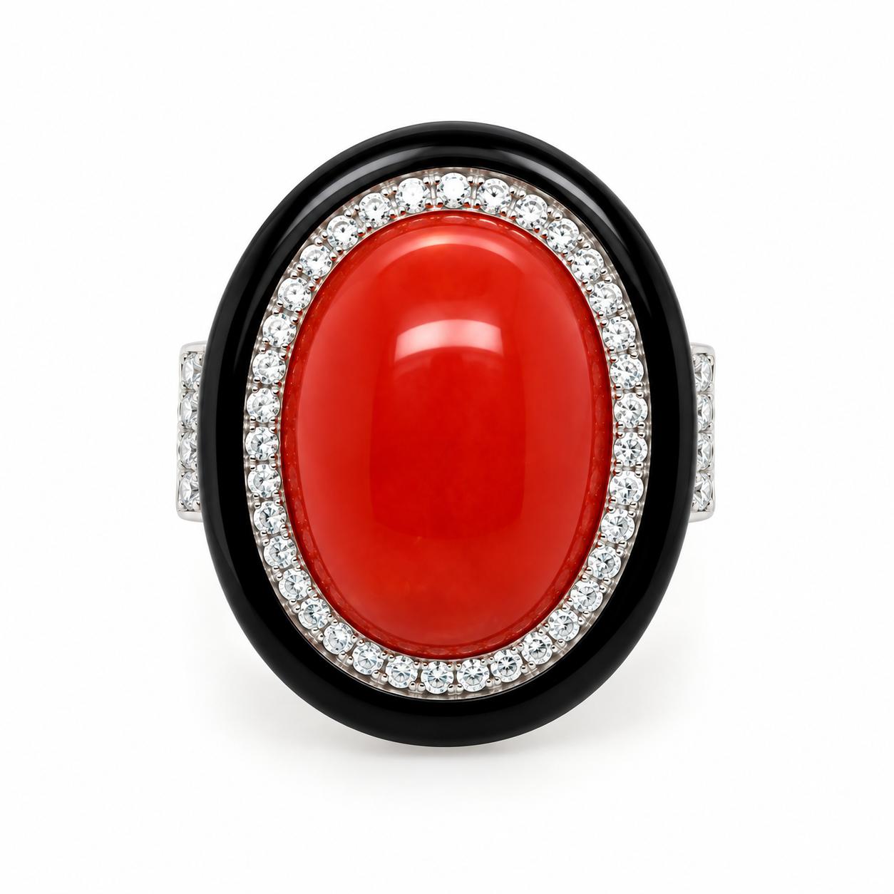 18k White Gold Coral and Onyx Ring