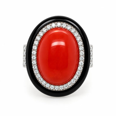 18k White Gold Coral and Onyx Ring