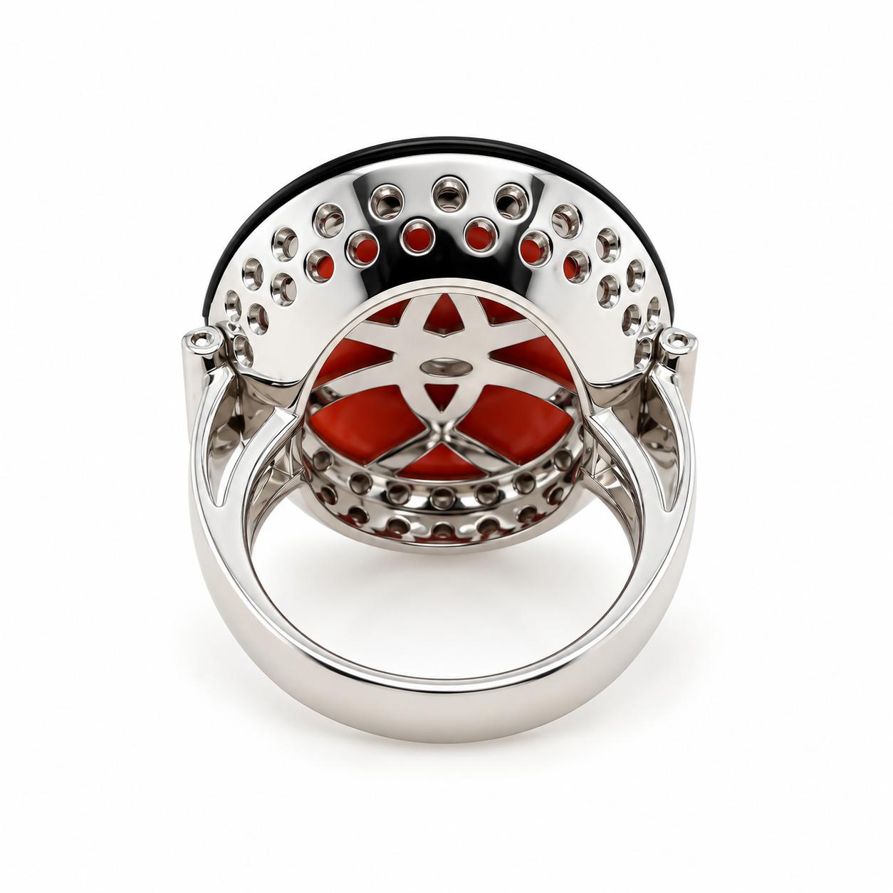 18k White Gold Coral and Onyx Ring