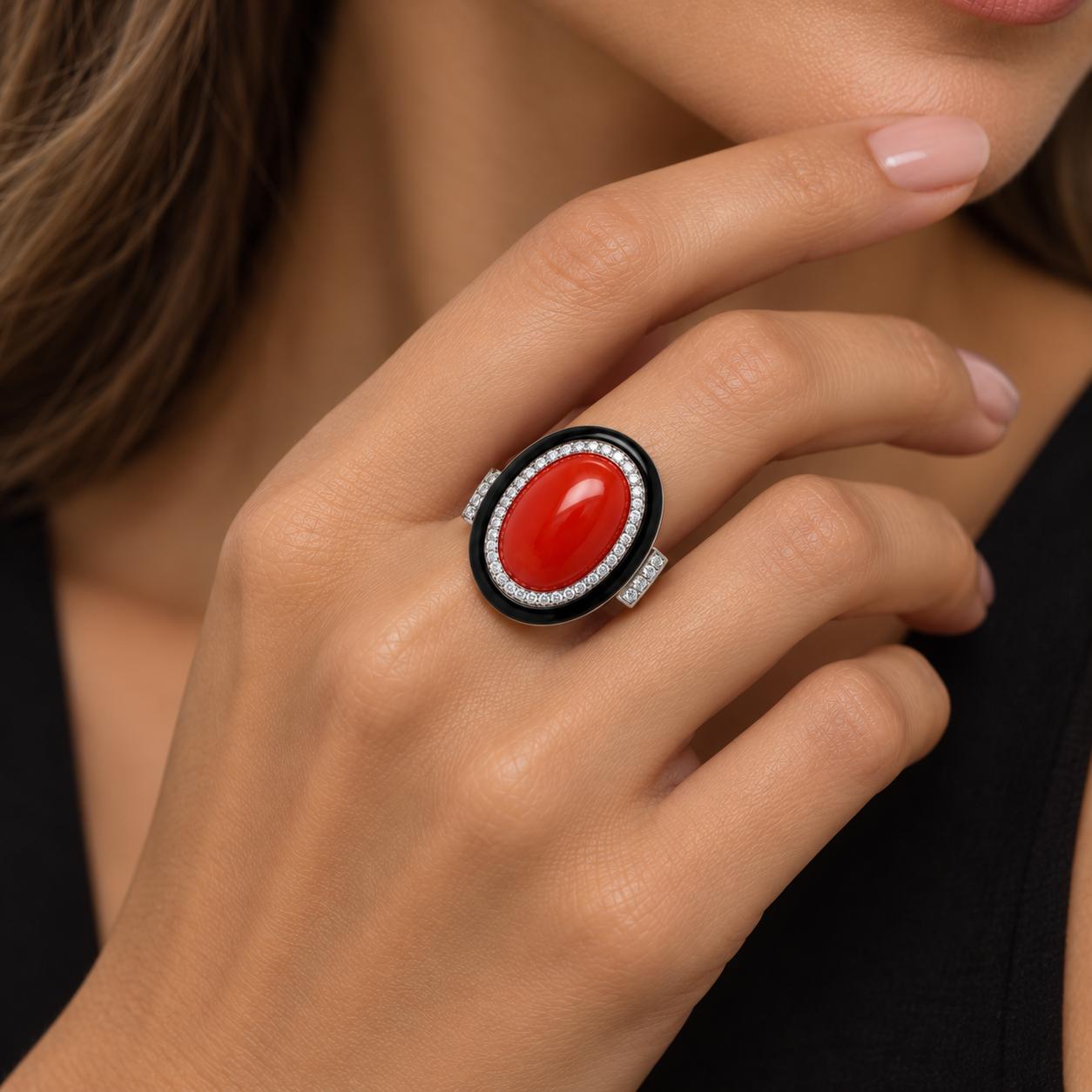 18k White Gold Coral and Onyx Ring