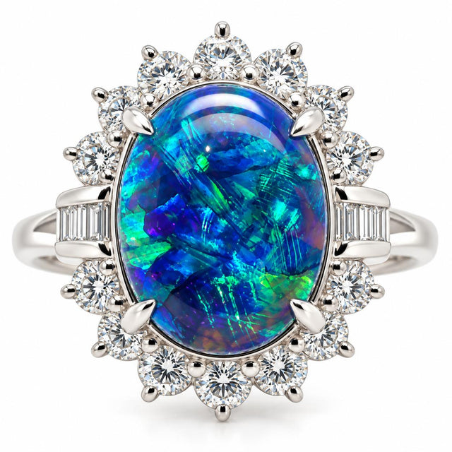 Platinum Blue Opal & Diamond Ring
