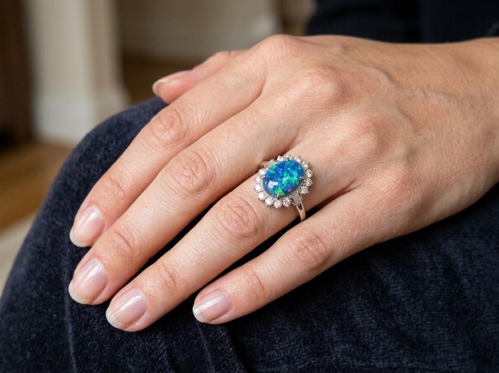 Platinum Blue Opal & Diamond Ring