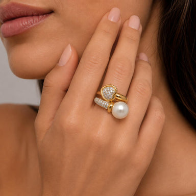 18K Pearl & Diamond Bypass Ring