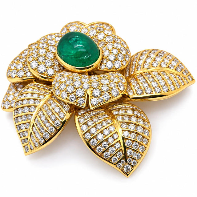 Huge Emerald & Diamond Floral Brooch