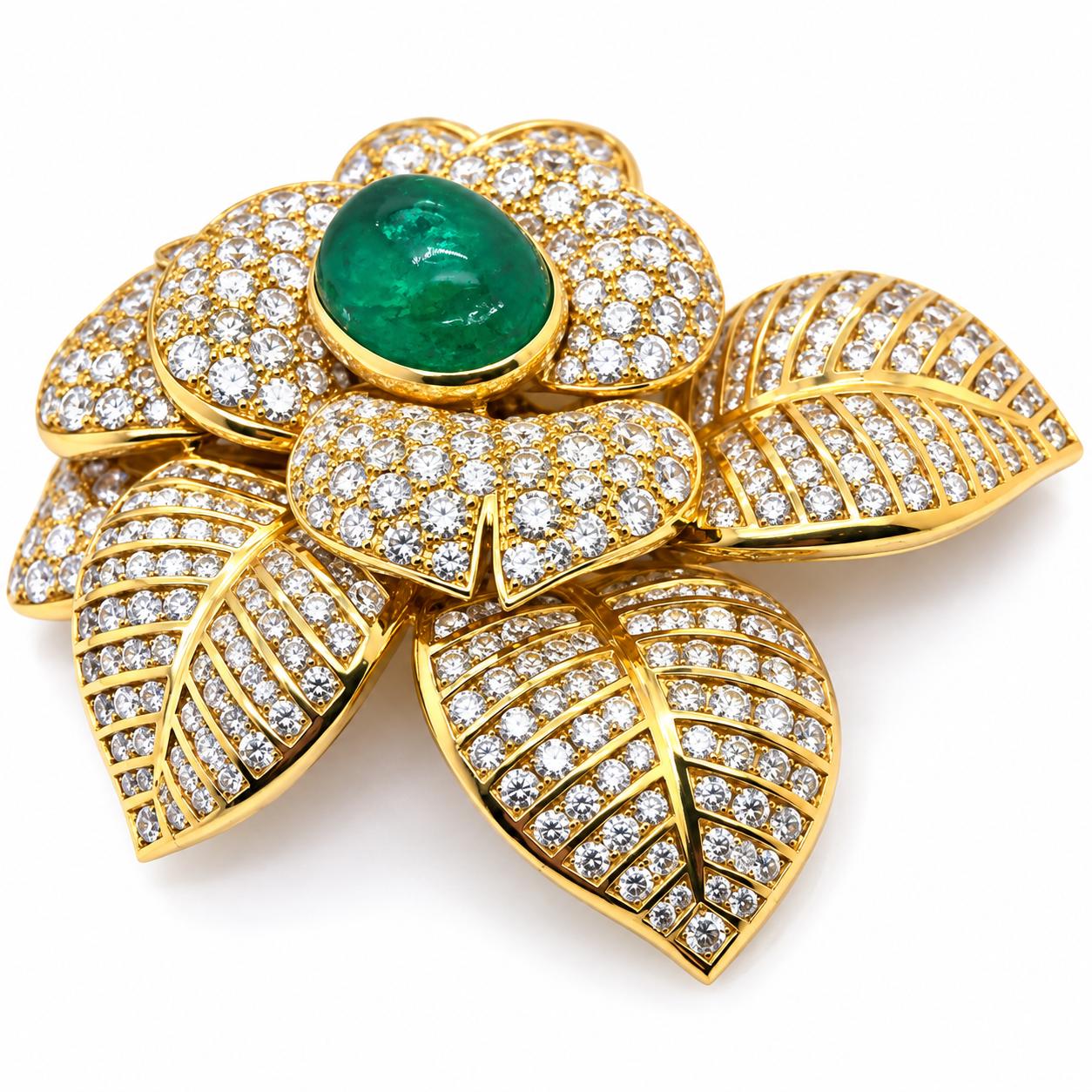 Huge Emerald & Diamond Floral Brooch