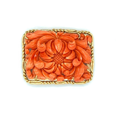 Vintage 14k Yellow Gold Brooch with intricate Carved Floral Coral