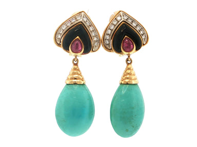 18k Turquoise, ruby, Onyx & Diamond Earrings