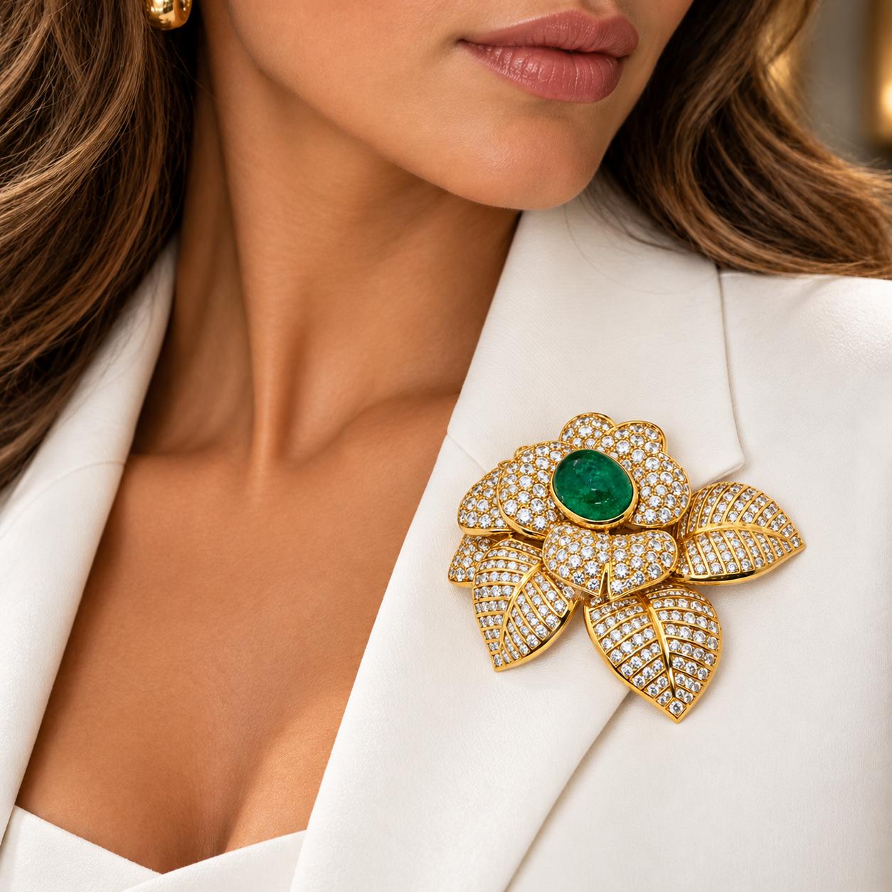 Huge Emerald & Diamond Floral Brooch