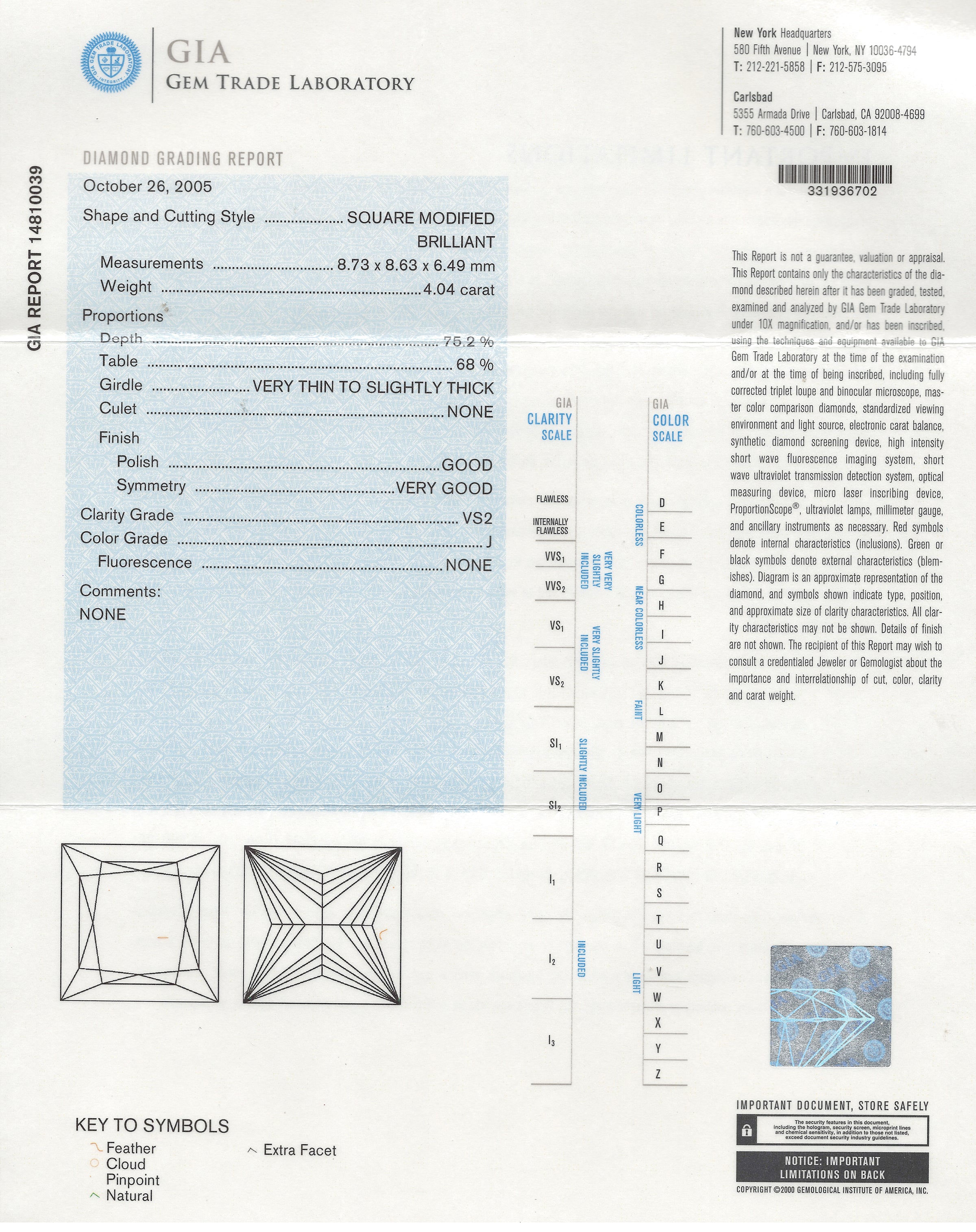 4.04 Princess Cut J VS2 GIA Ring