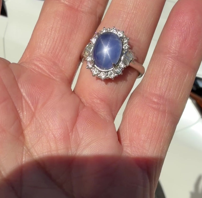 Platinum Ring with 7.37ct Blue Star Sapphire and Diamonds