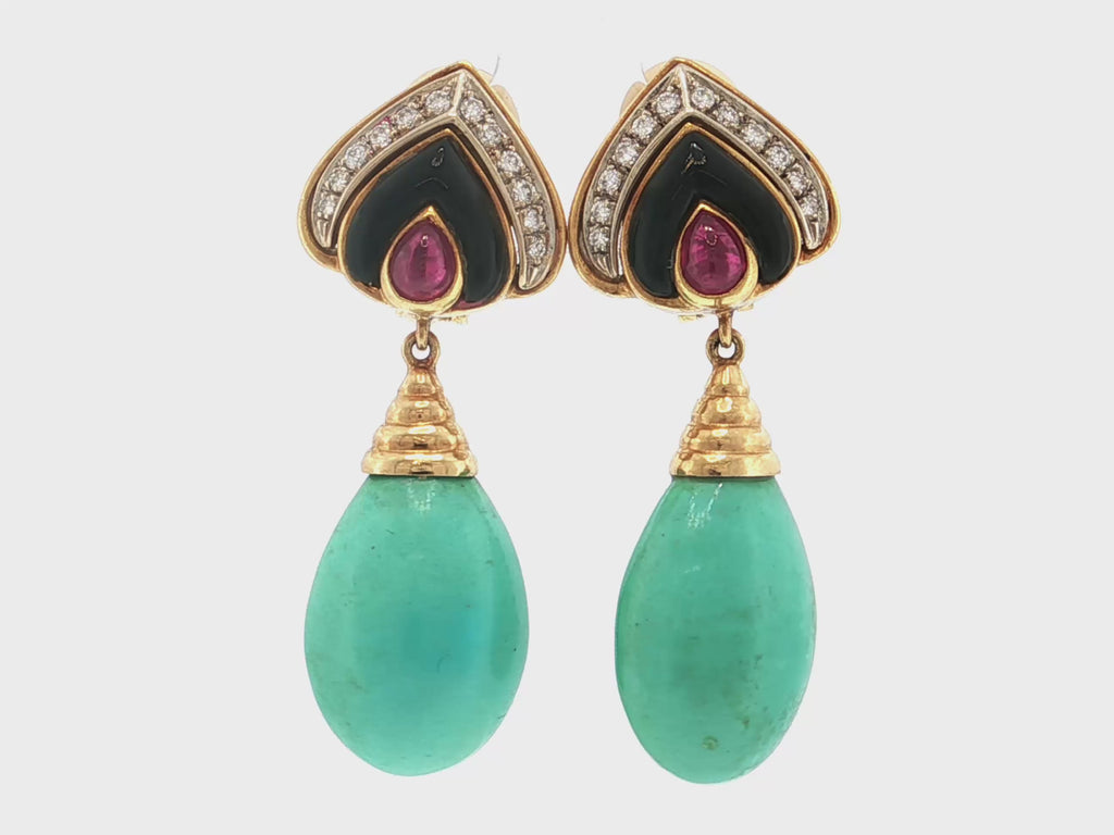 18k Turquoise, Ruby, Onyx & Diamond Earrings