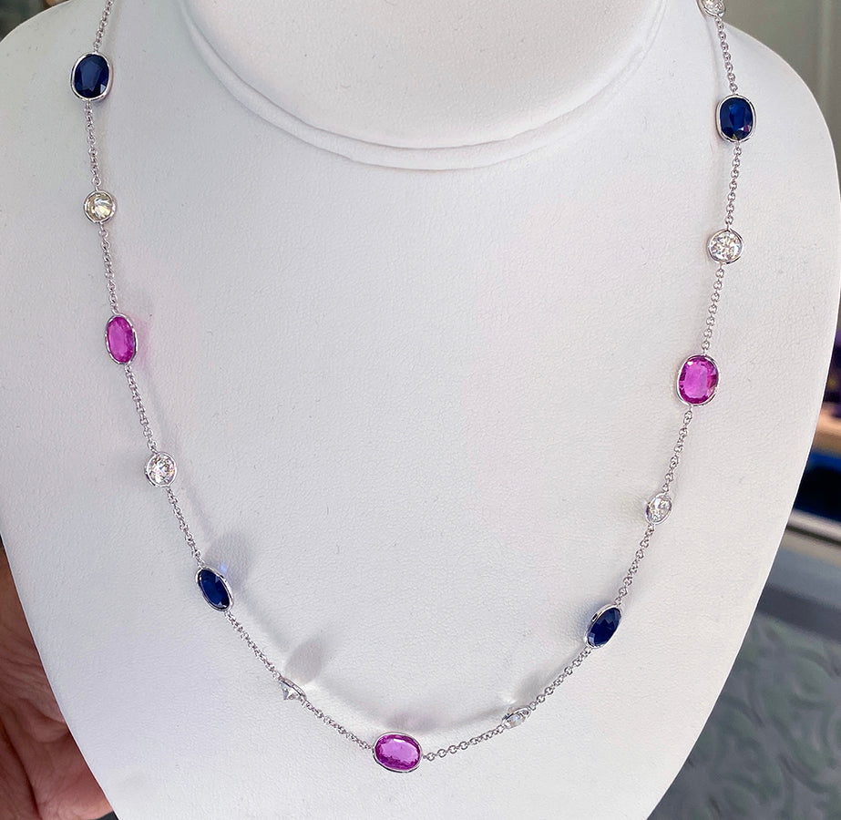 Diamond, Pink & Blue Sapphire Necklace